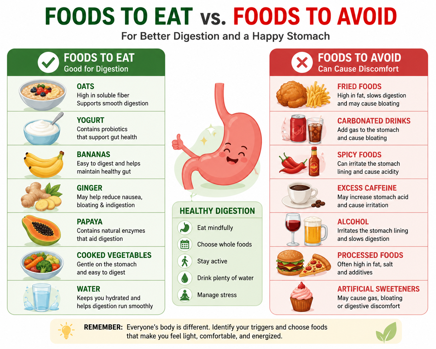 Infographic comparing foods to eat and foods to avoid for gastric problems, highlighting digestive-friendly foods like oats, yogurt, bananas, ginger, and cooked vegetables versus fried foods, carbonated drinks, alcohol, and processed foods that may worsen gas, bloating, and indigestion.