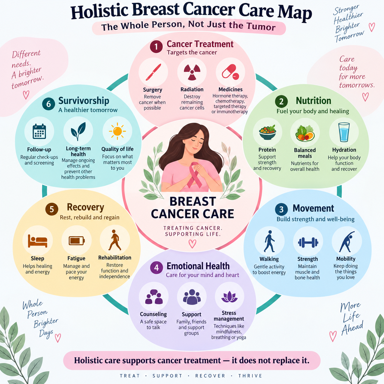 Infographic showing a holistic approach to breast cancer with cancer treatment, nutrition, exercise, emotional health, recovery and survivorship