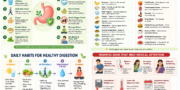 Infographic showing home remedies for gastric problems, foods to eat and avoid, healthy digestion habits, and warning signs that require medical attention.