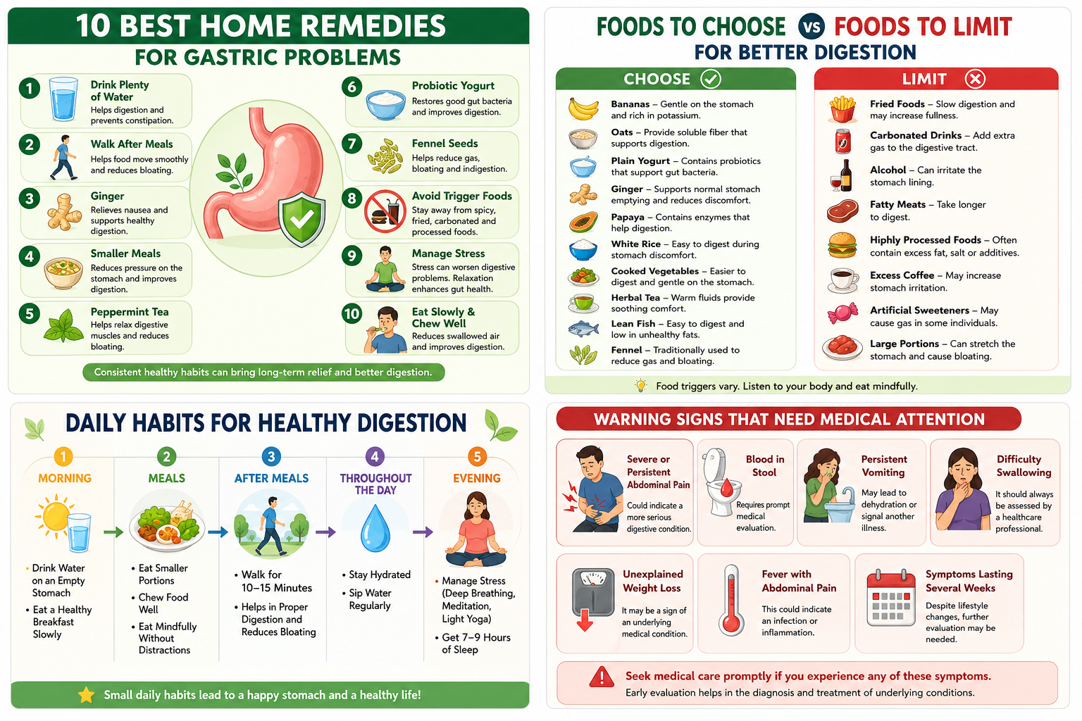 Infographic showing home remedies for gastric problems, foods to eat and avoid, healthy digestion habits, and warning signs that require medical attention.
