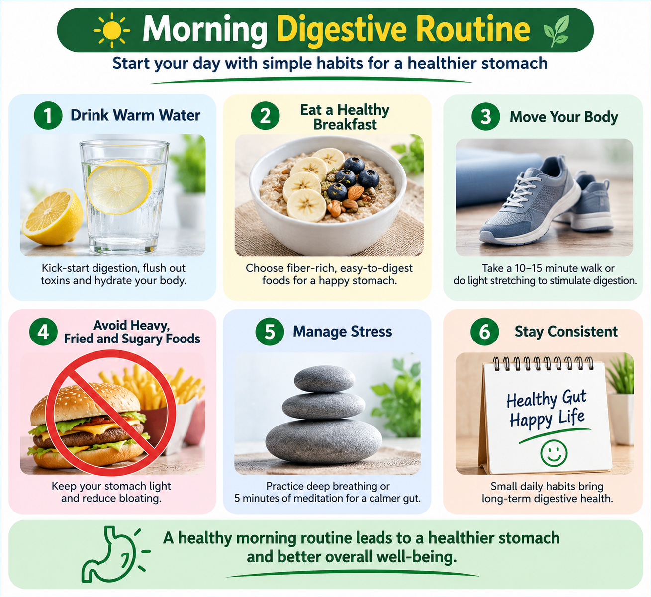 Morning digestive routine infographic showing healthy habits like drinking water, eating a healthy breakfast, walking, managing stress, and avoiding heavy foods to support better digestion.