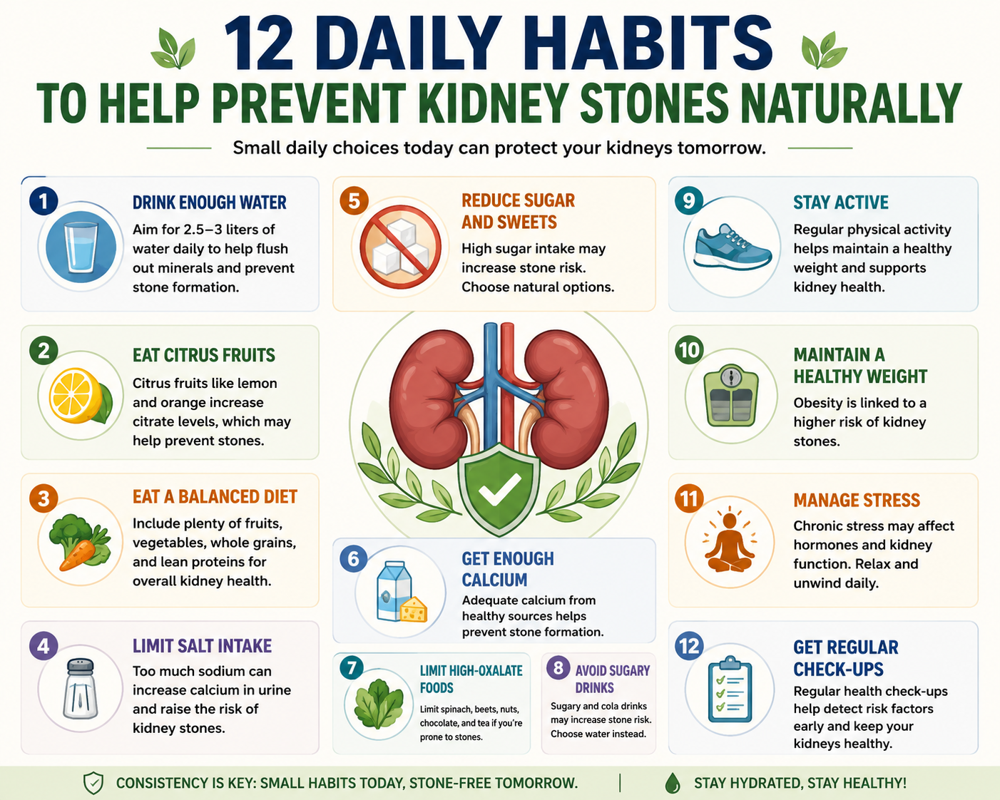 Infographic showing 12 simple daily habits that may help reduce the risk of kidney stones naturally.