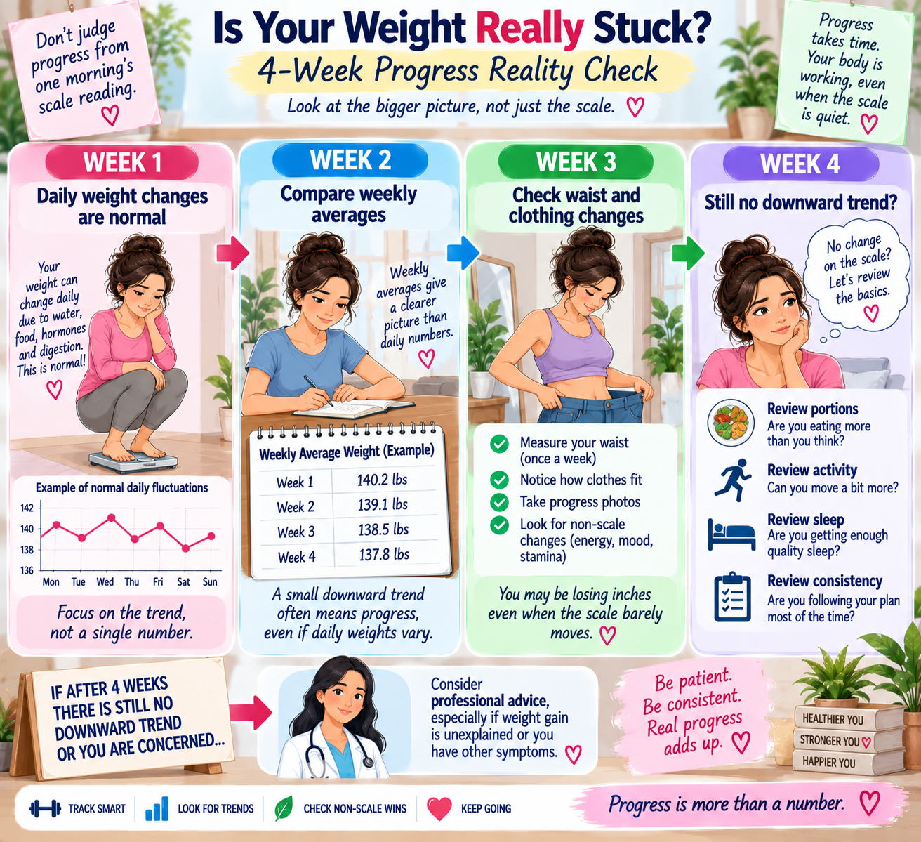 4-week weight loss plateau progress checker showing how to assess whether weight is truly stuck