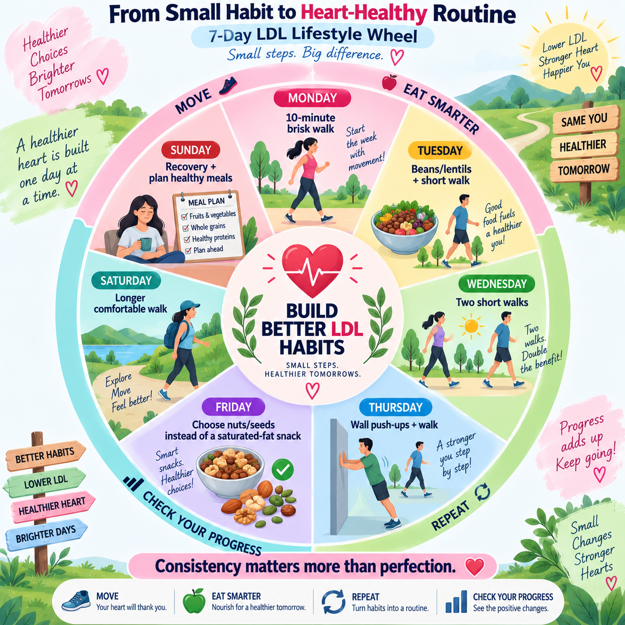 Seven-day heart-healthy routine combining walking, strength exercises and cholesterol-friendly food choices