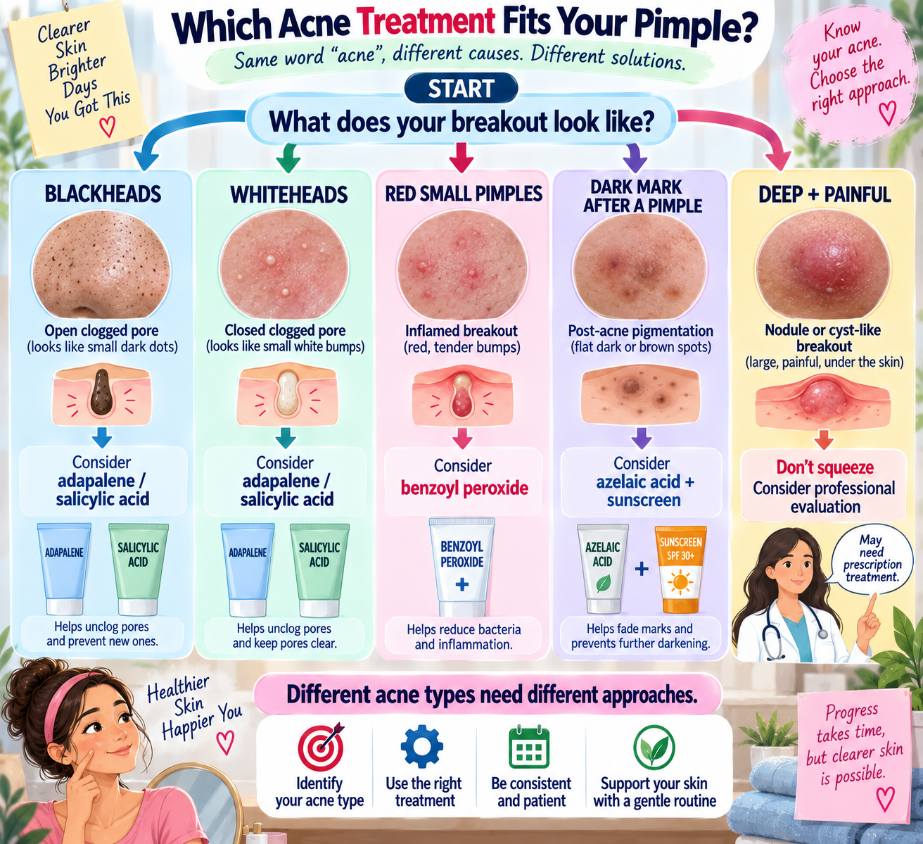 Acne treatment decision map showing options for blackheads, whiteheads, red pimples, dark marks and deep painful acne