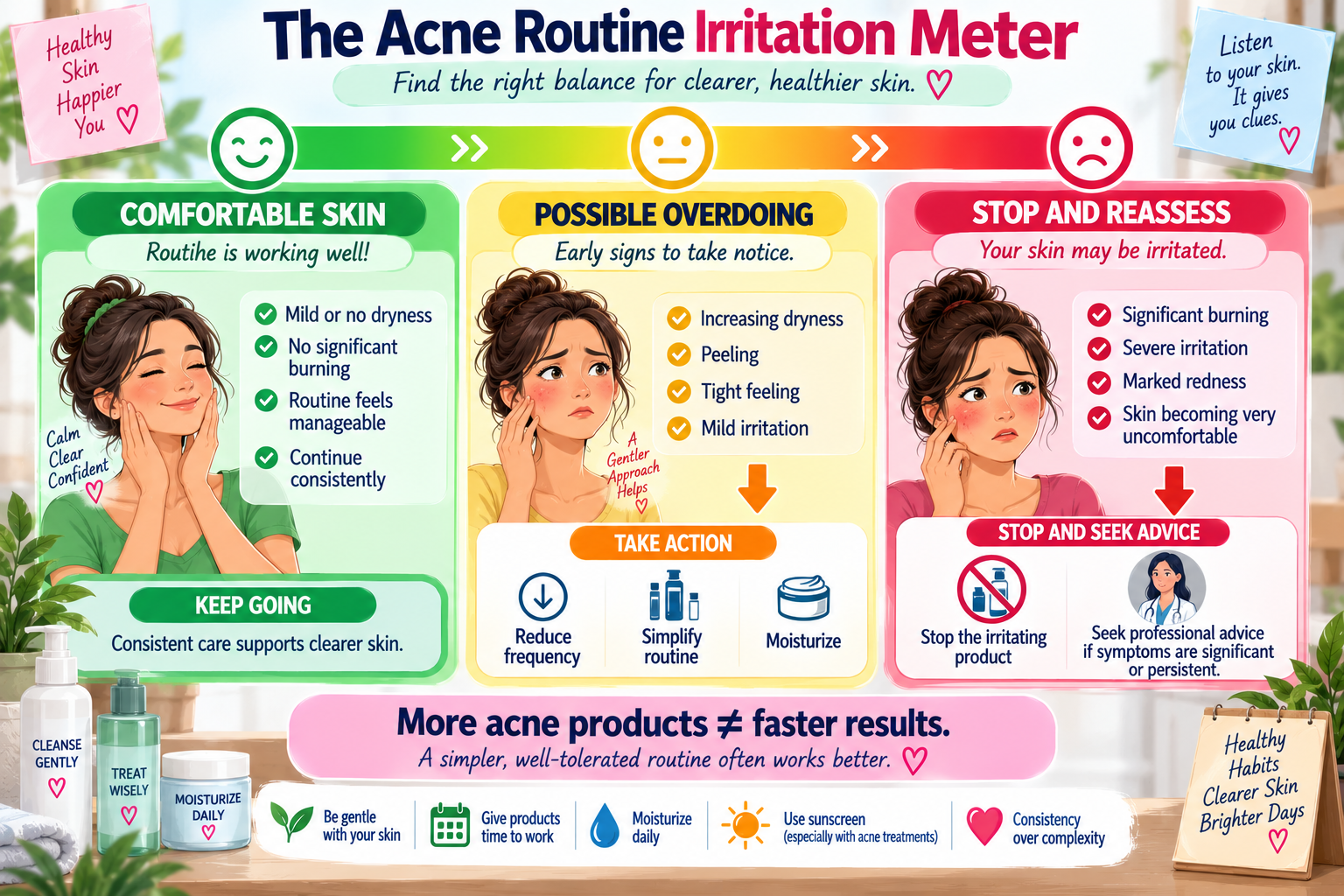 Acne skincare irritation meter showing comfortable skin, warning signs of overuse and when to stop and reassess