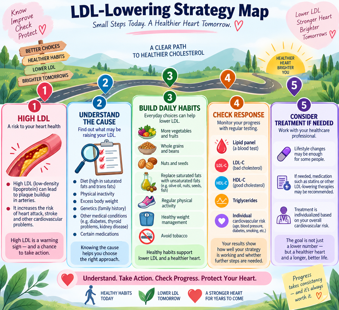 Bad cholesterol LDL lowering strategy showing diet, physical activity, testing and treatment