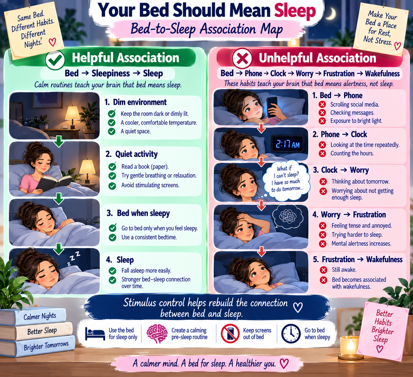 stimulus control infographic comparing healthy bed-to-sleep association with insomnia-related wakefulness 