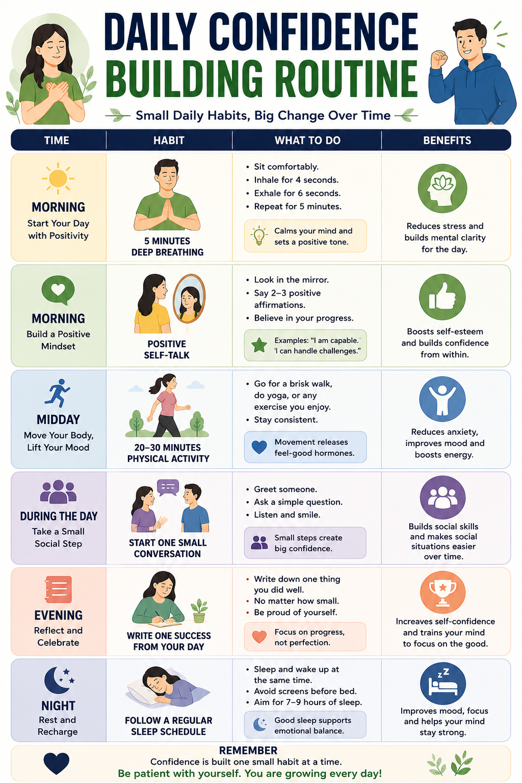 Visual guide showing a simple daily routine to improve confidence and manage social anxiety