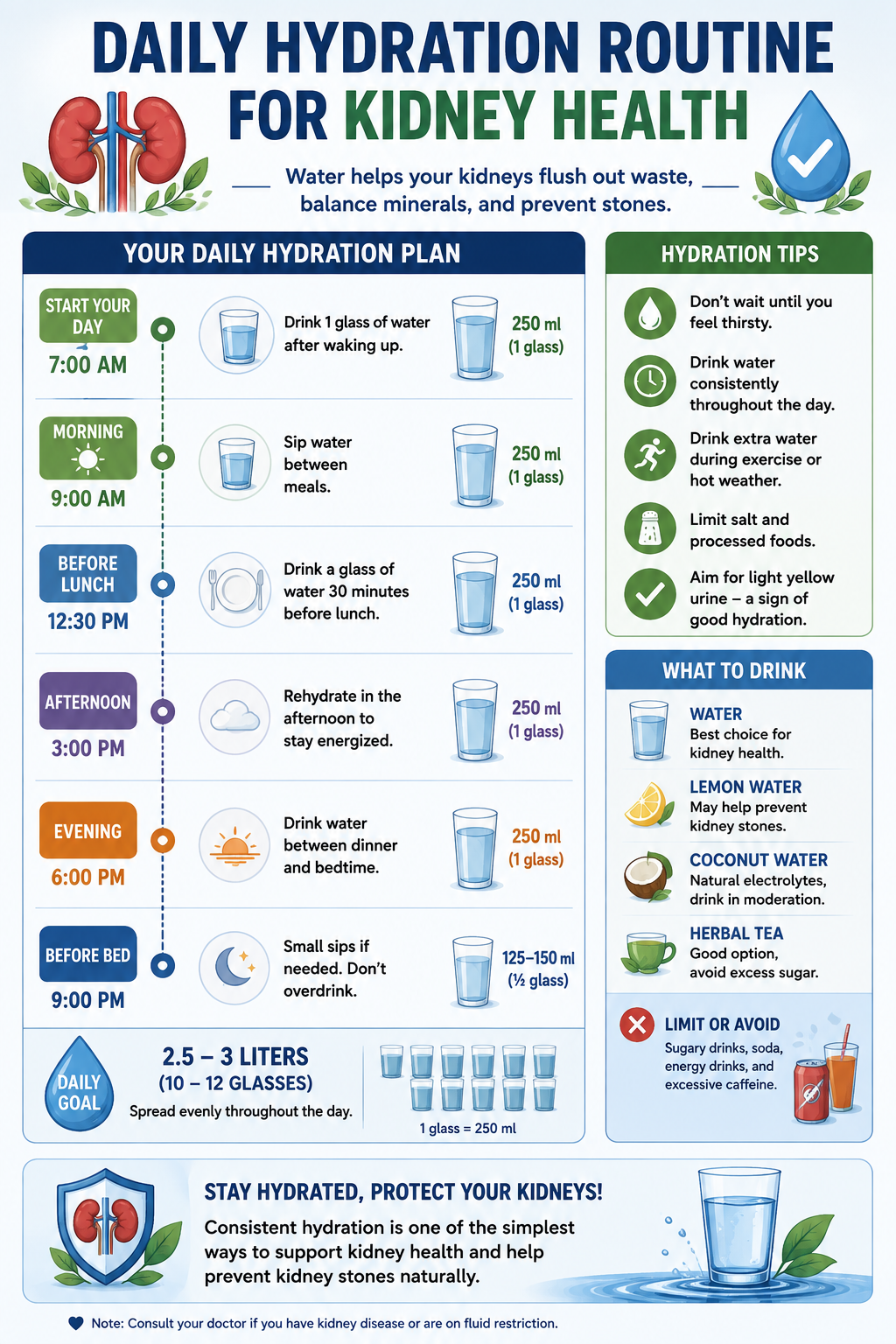 Daily hydration schedule infographic for supporting healthy kidneys and reducing kidney stone risk.