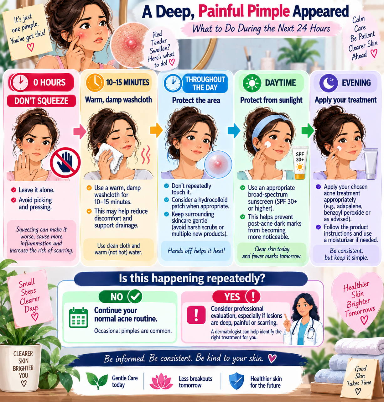 24-hour acne care timeline showing what to do for a deep painful pimple without squeezing or picking