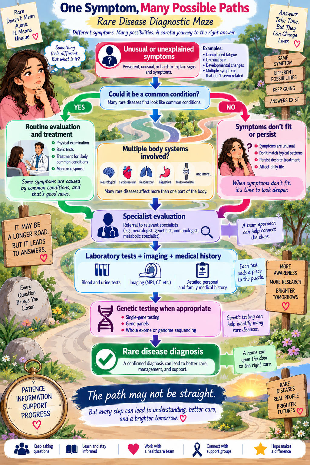 Diagnostic maze showing how symptoms can lead to specialist evaluation, testing, genetic testing, and rare disease diagnosis