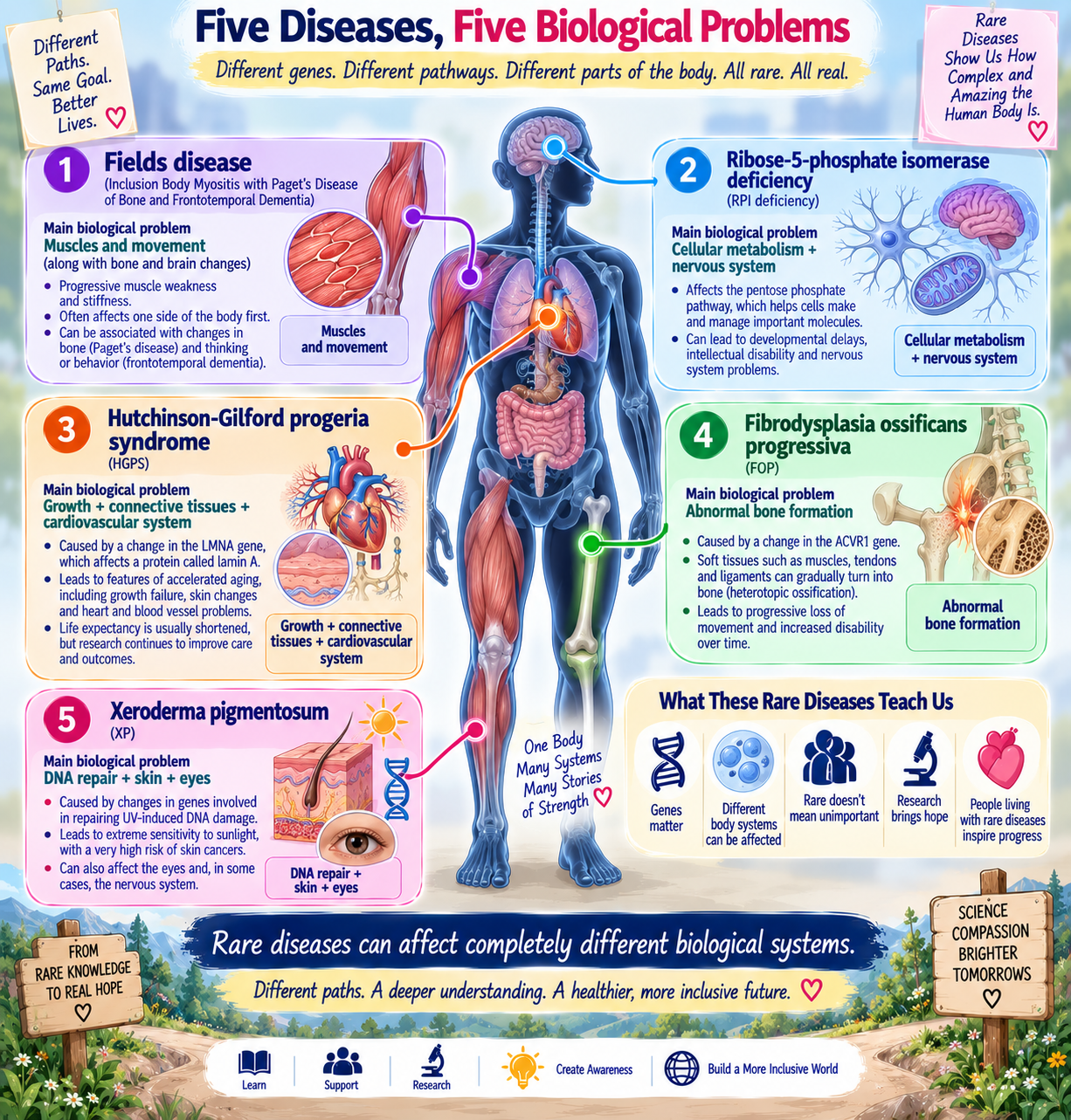 Body system map showing five extremely rare diseases and the parts of the body they can affect