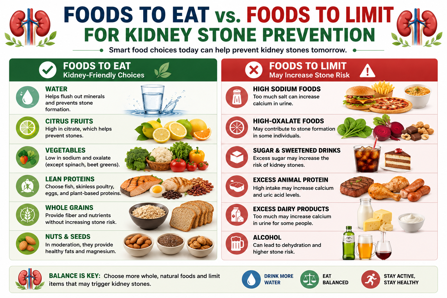 Comparison infographic showing foods to eat and foods to limit to help prevent kidney stones naturally.