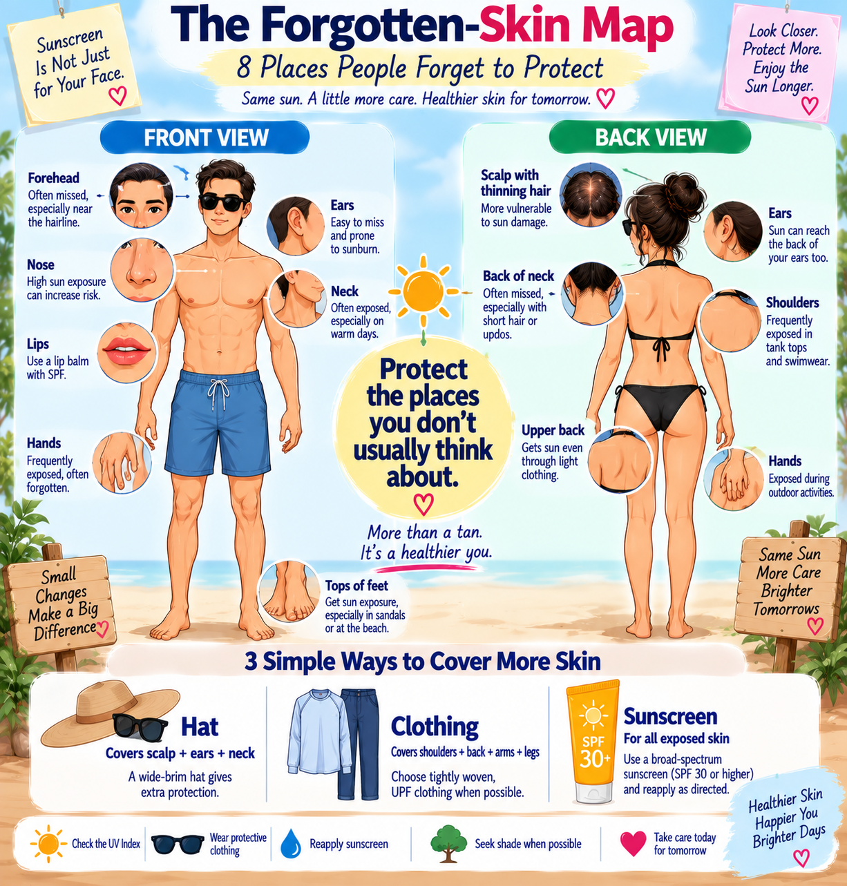 body map showing commonly overlooked areas that receive UV exposure including ears, scalp, neck, hands and feet
