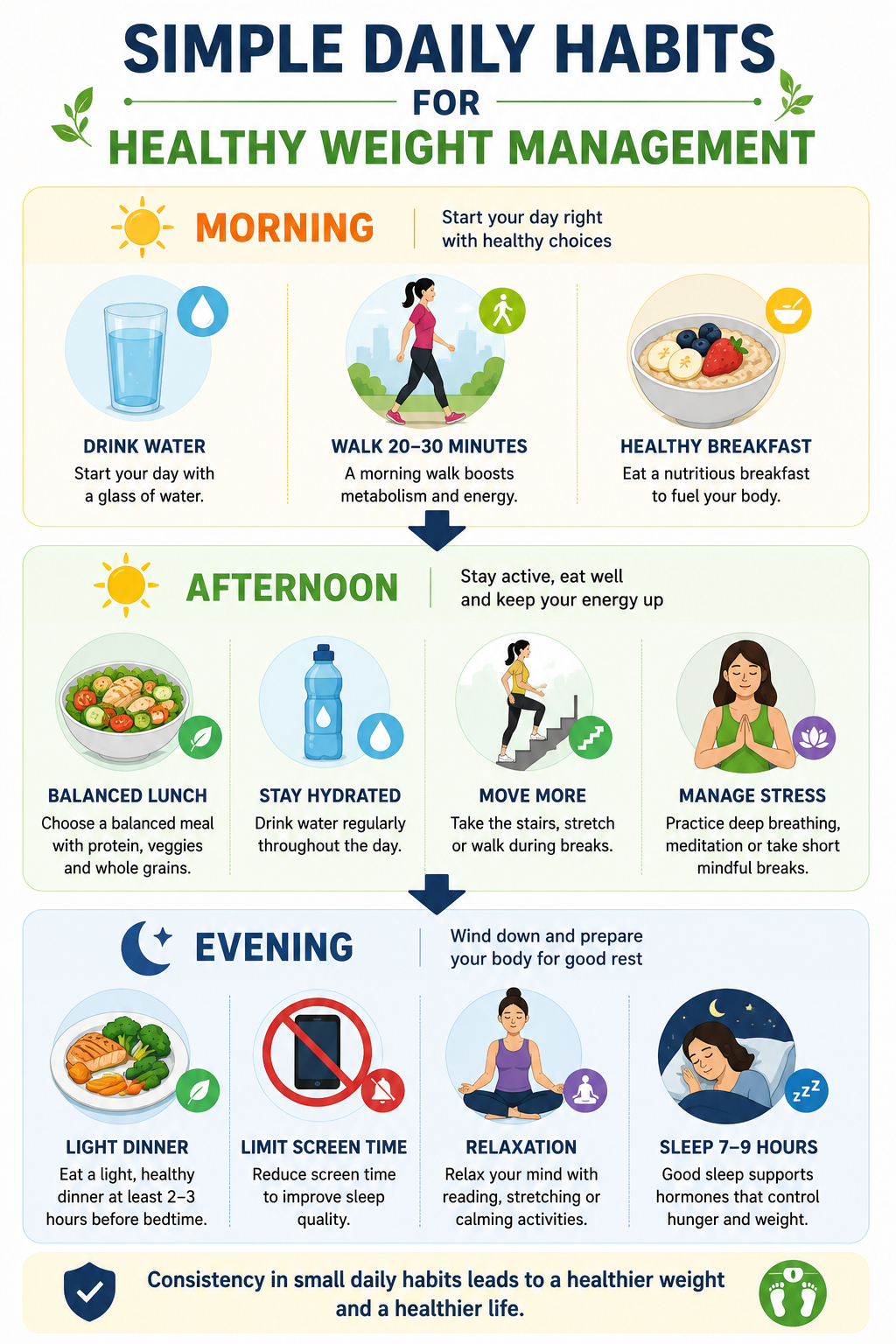 Infographic showing daily healthy habits that support weight management, including hydration, exercise, healthy eating, stress management, and sleep.