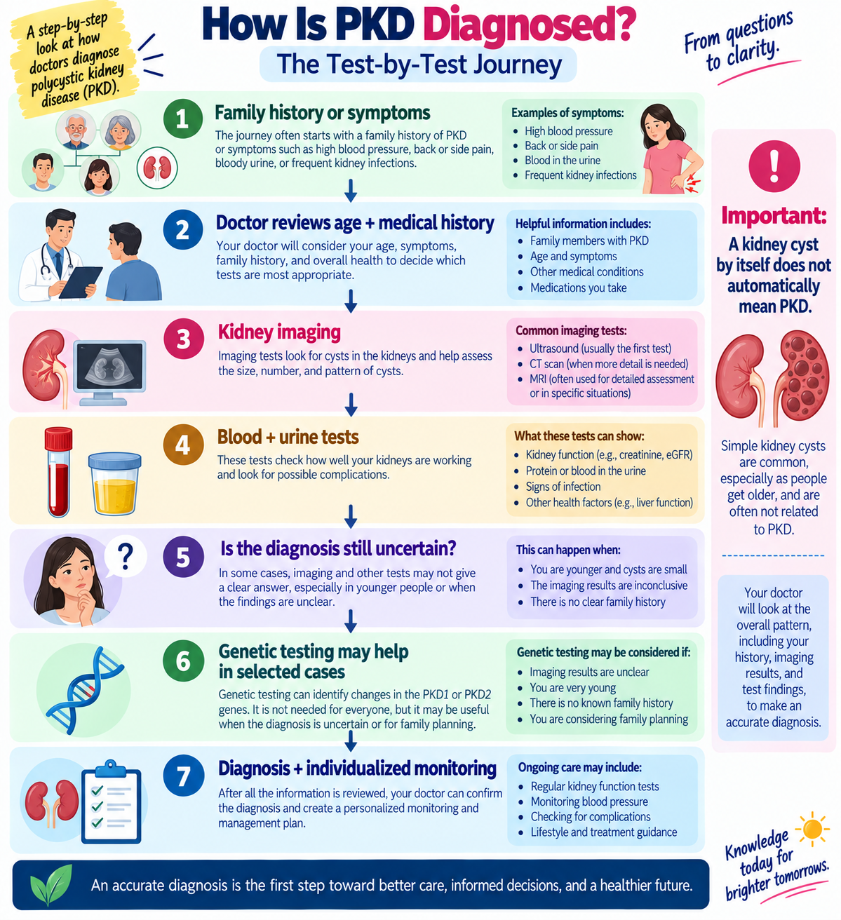 Infographic showing how polycystic kidney disease is diagnosed using family history, ultrasound, MRI or CT, kidney function tests, and genetic testing