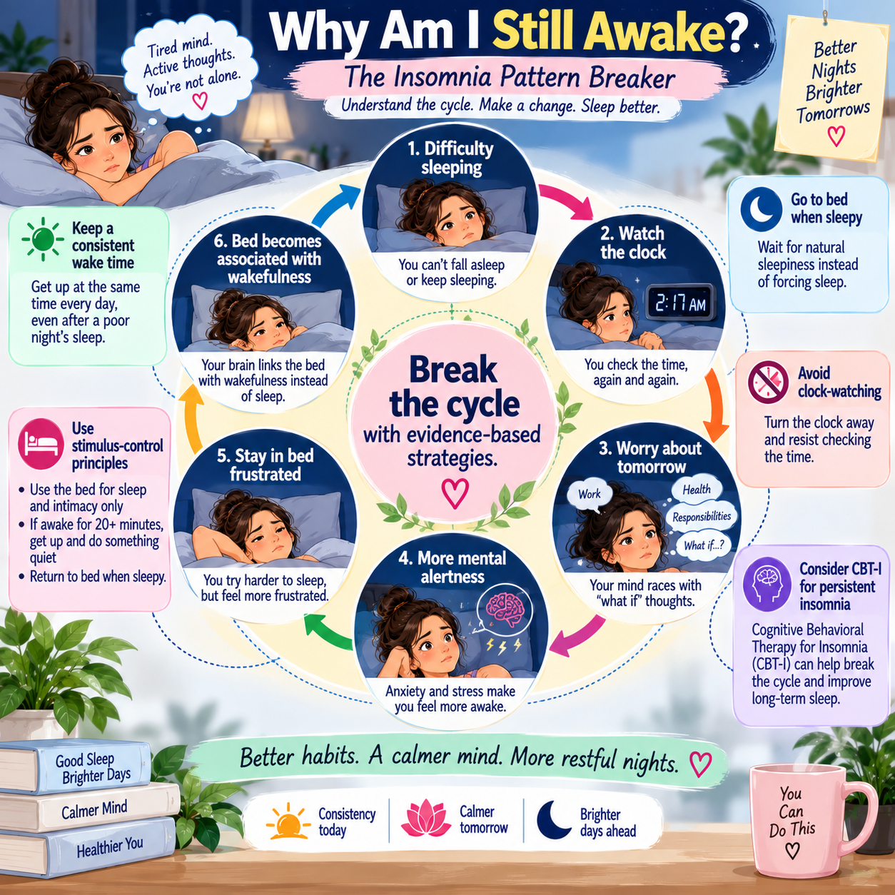 insomnia cycle infographic showing how sleep difficulty, clock watching and worry can reinforce wakefulness