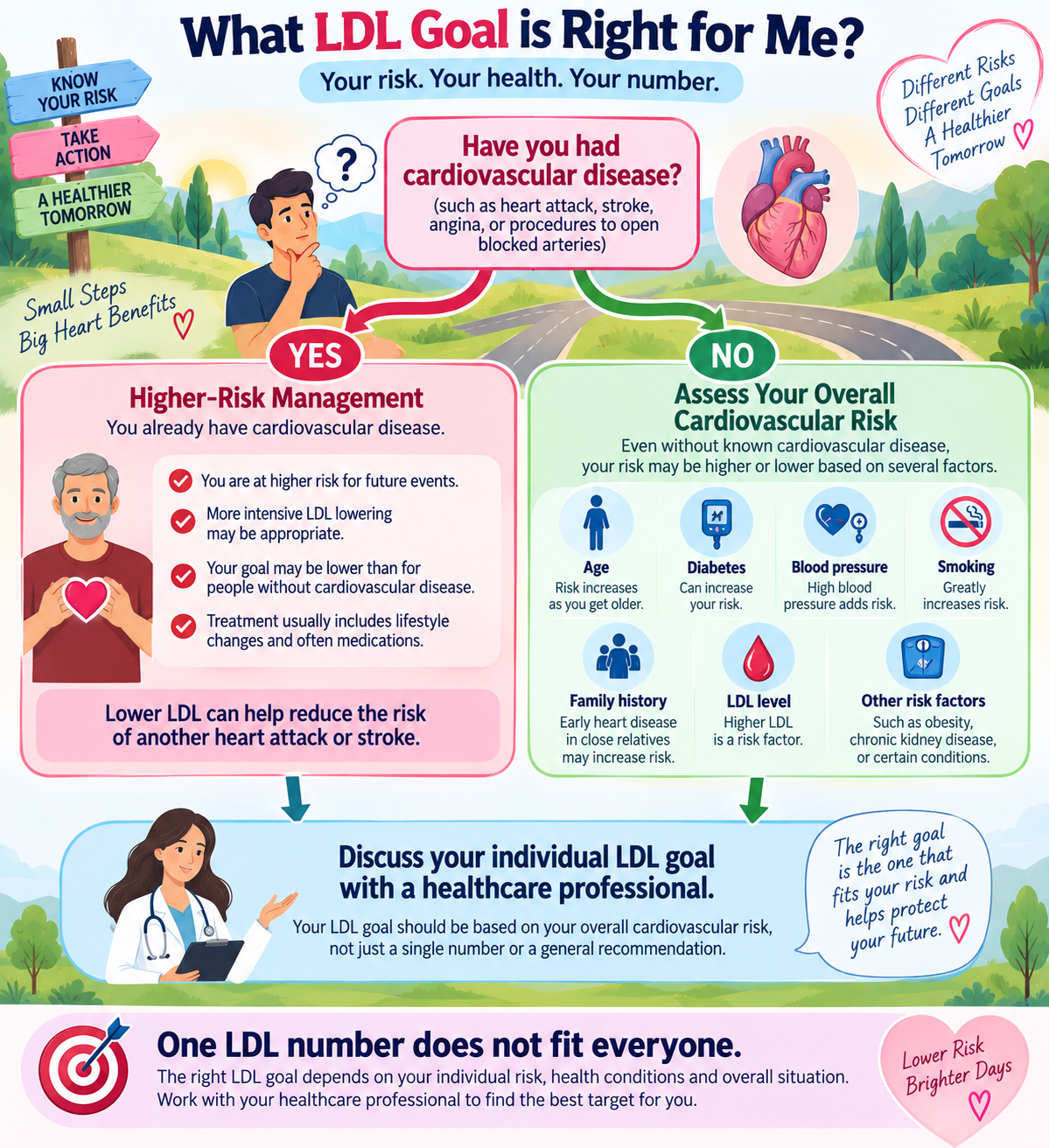 Risk-based LDL cholesterol decision guide showing factors that influence cholesterol treatment goals