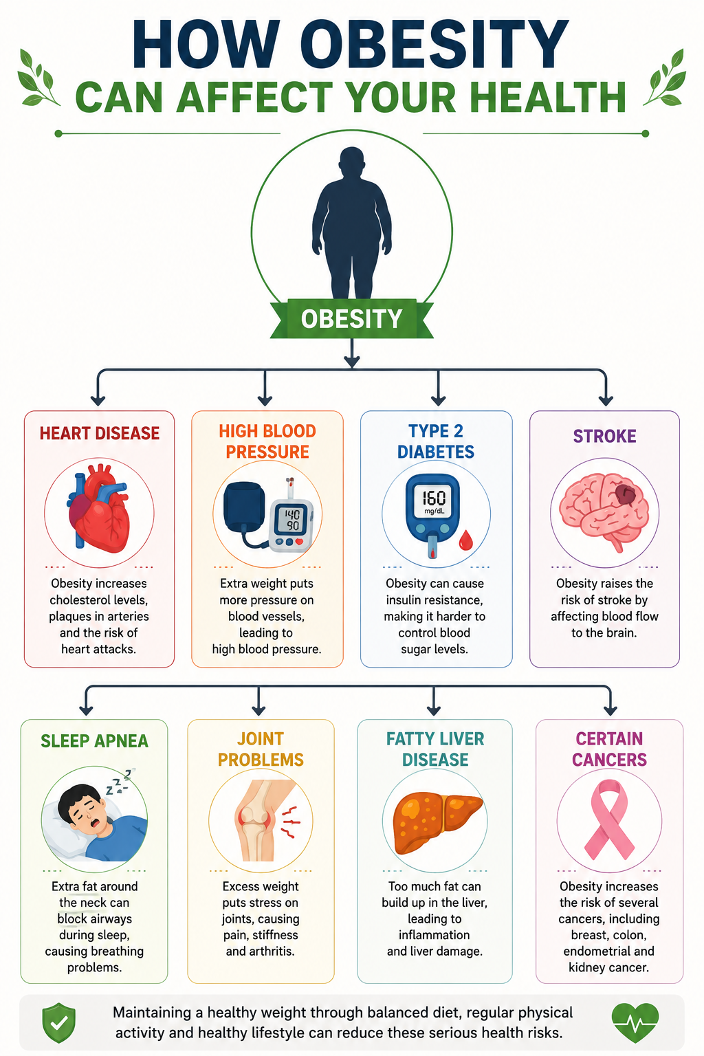 Infographic showing obesity-related health risks including heart disease, diabetes, stroke, sleep apnea, liver disease, and cancer.