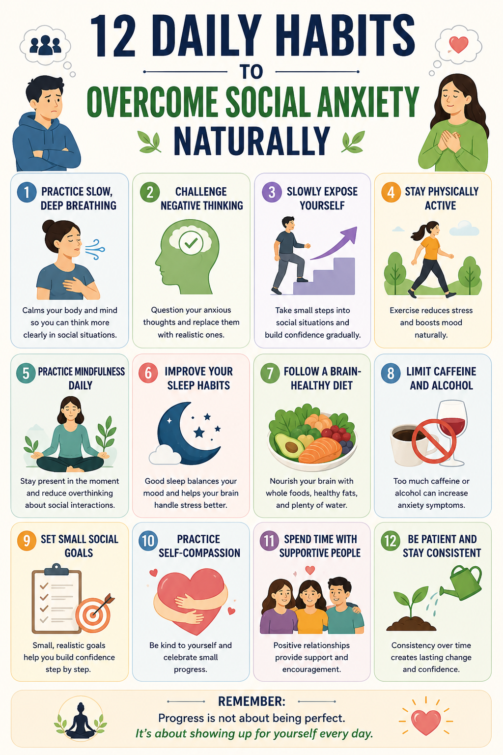 Infographic showing 12 daily habits that can naturally help reduce social anxiety and build confidence.