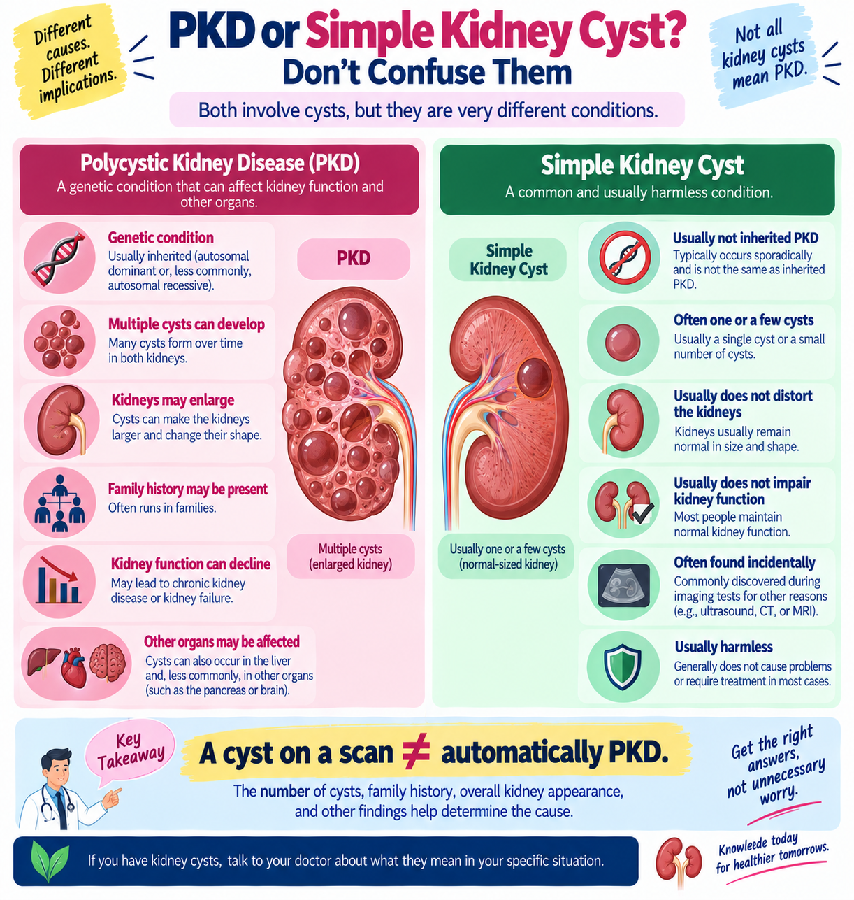 Infographic comparing polycystic kidney disease with simple kidney cysts by cyst pattern, kidney structure, family history, and kidney function