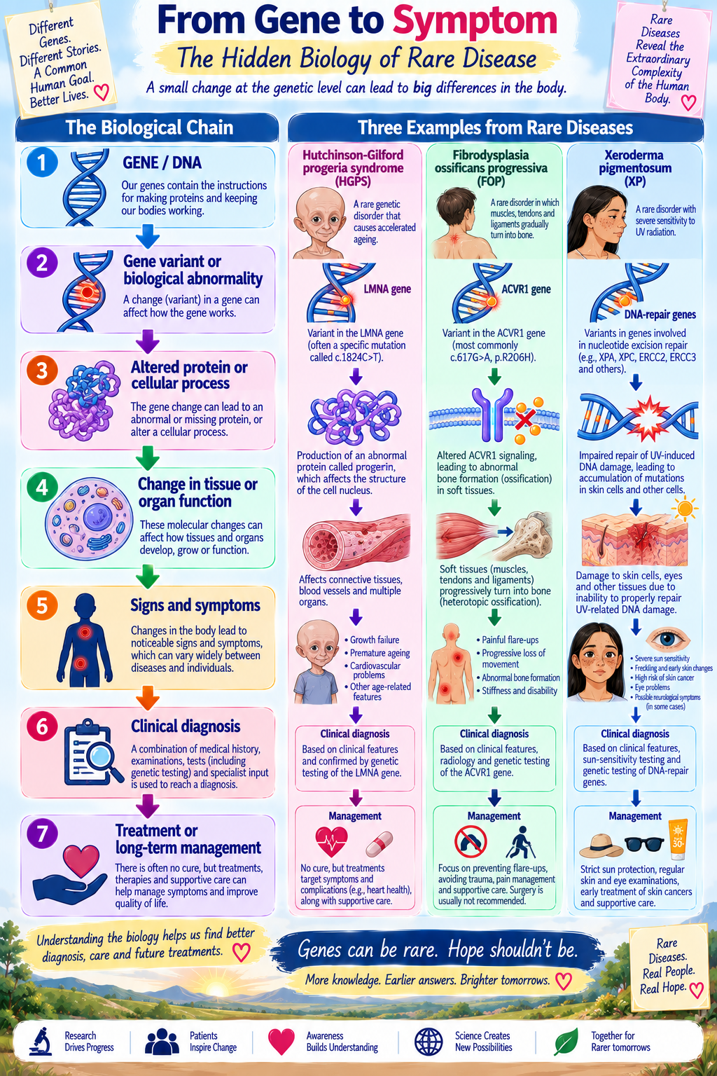 Infographic showing how genetic changes can lead from altered cellular processes to symptoms of rare diseases