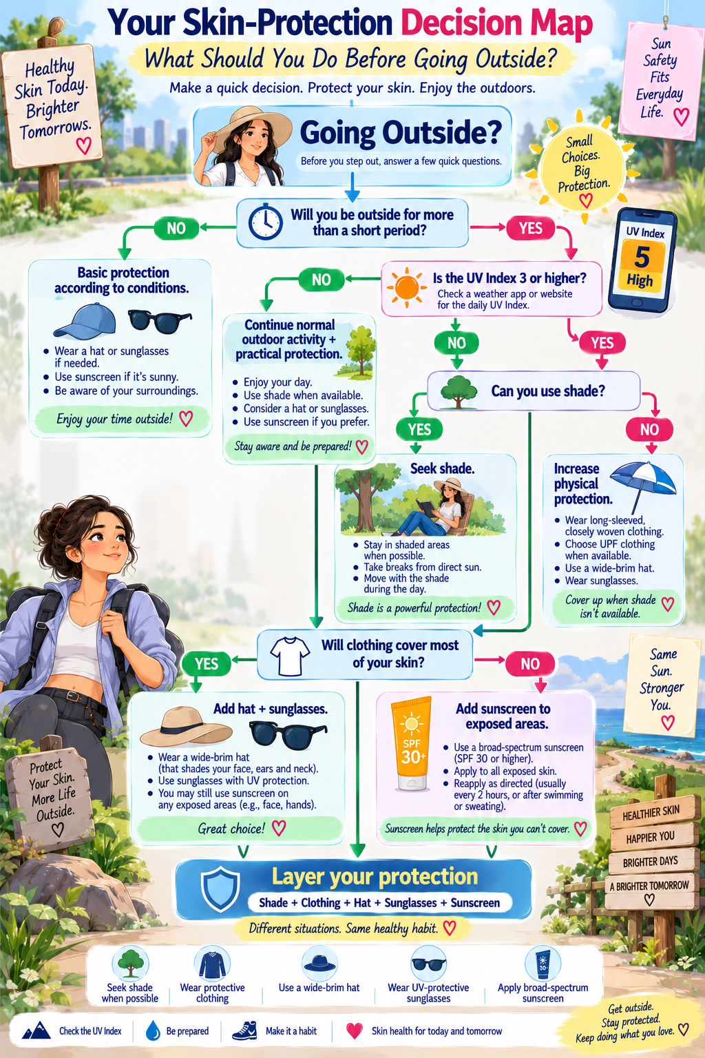 skin cancer prevention decision map showing how UV level, outdoor duration, shade, clothing and sunscreen determine sun protection