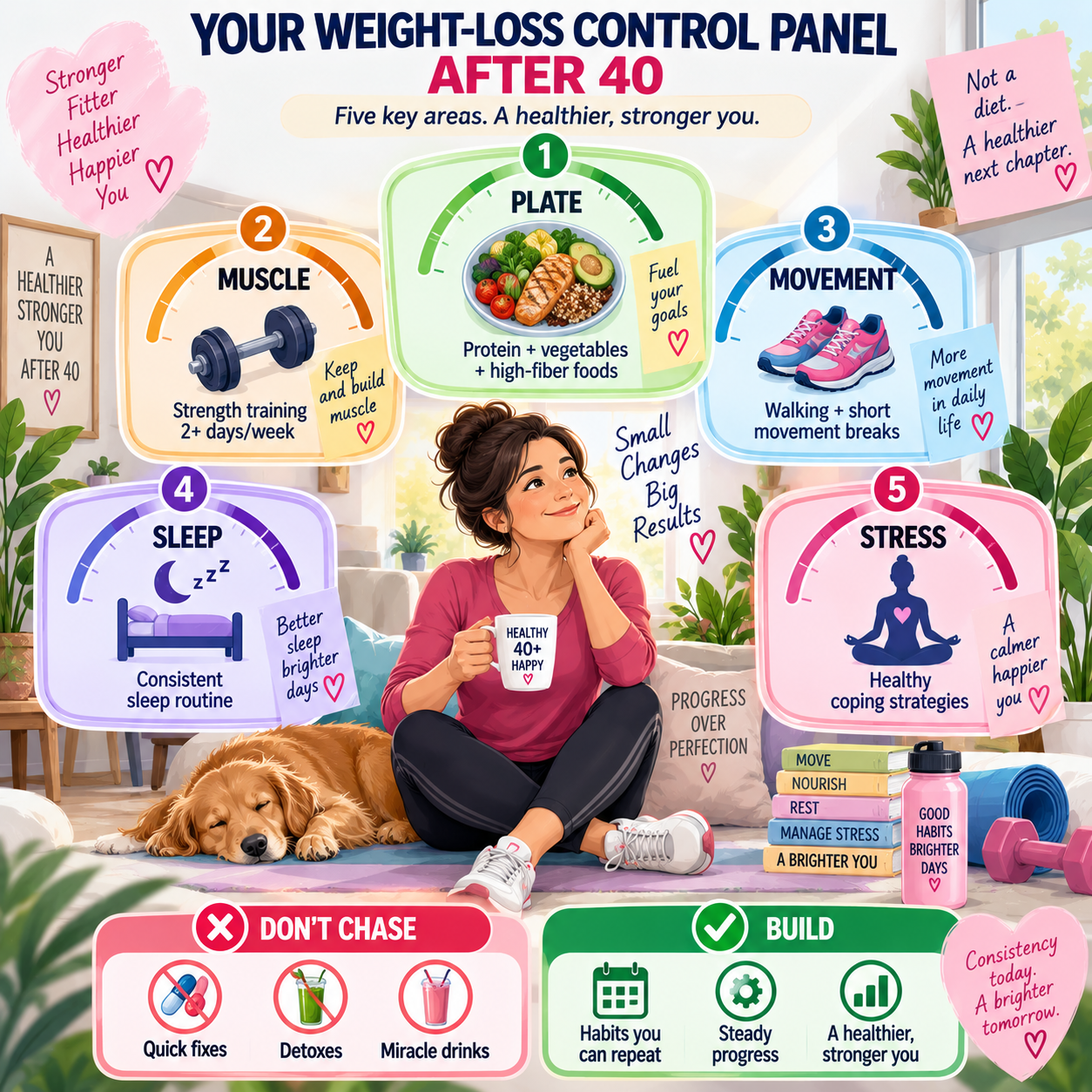 Weight loss control panel showing five healthy habits for women over 40