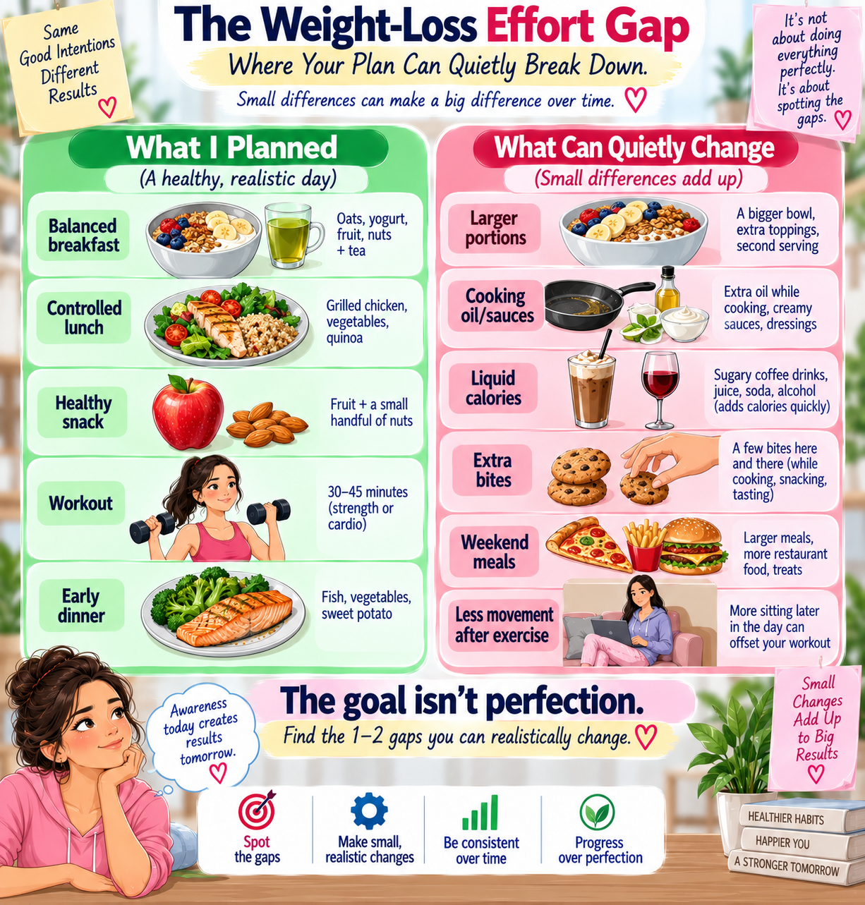 weight loss effort gap infographic comparing planned habits with hidden calorie and activity changes