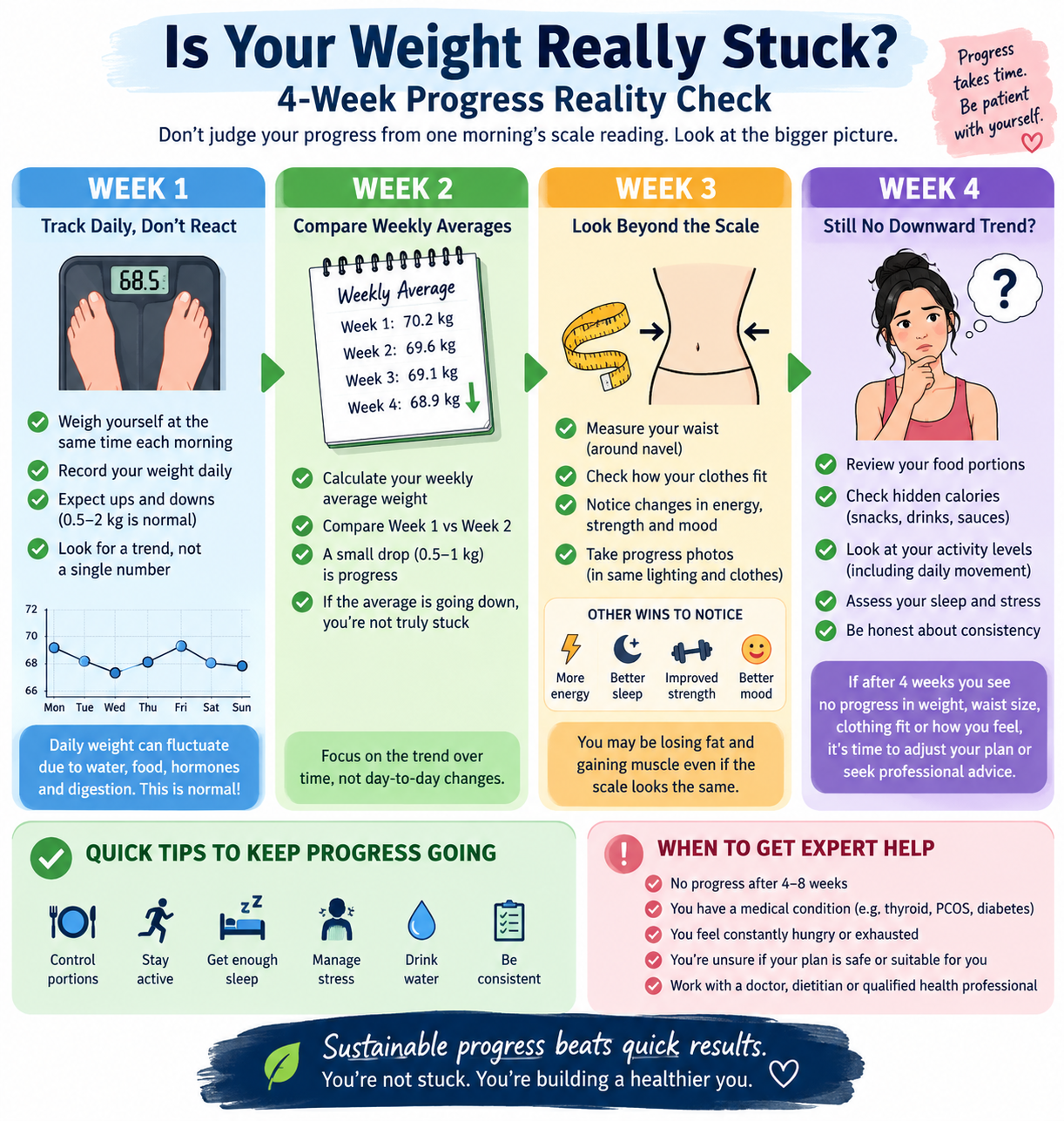 five-signal weight loss progress dashboard showing scale, waist, clothing fit, fitness and habits