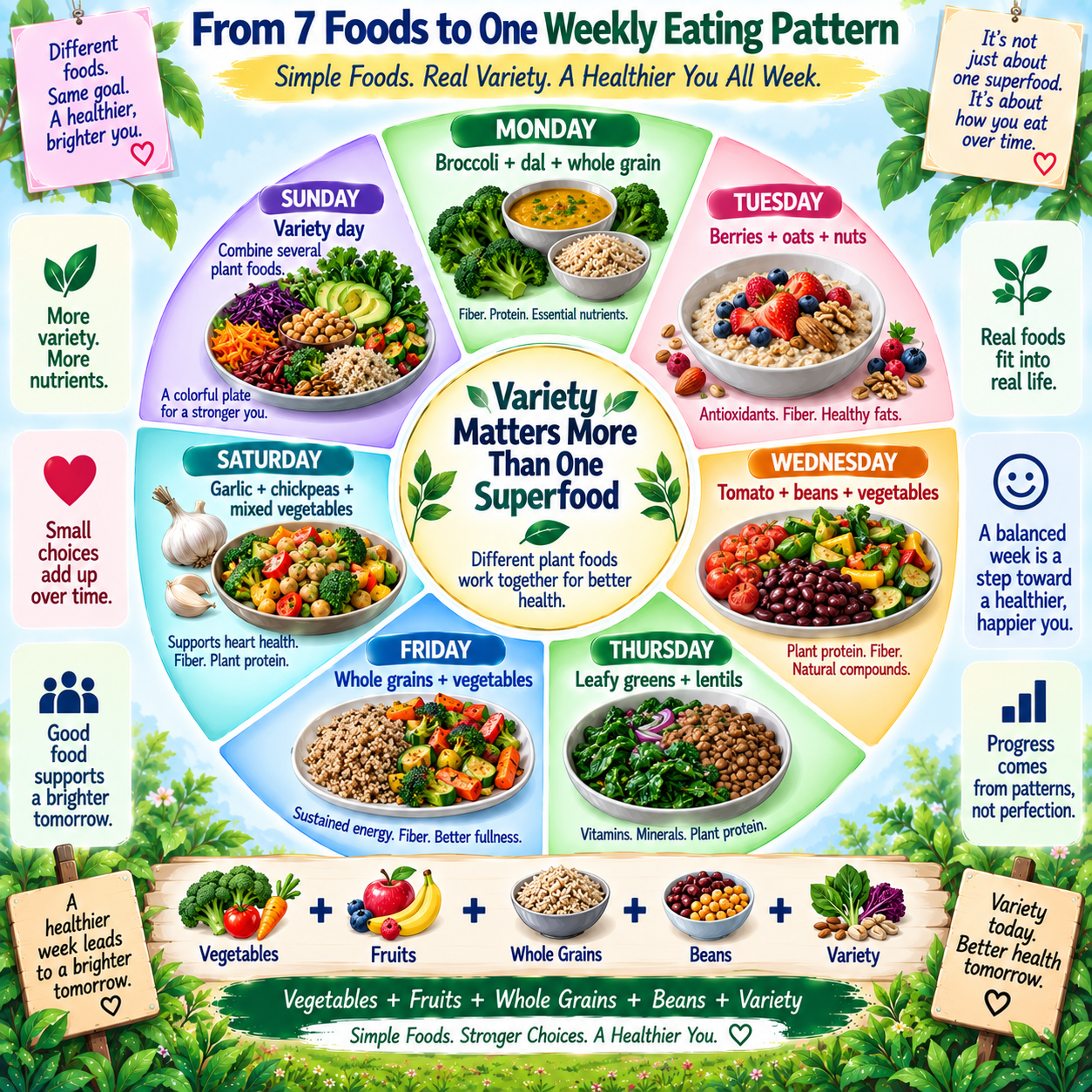 Weekly eating pattern showing broccoli, berries, tomatoes, garlic, leafy greens, beans and whole grains