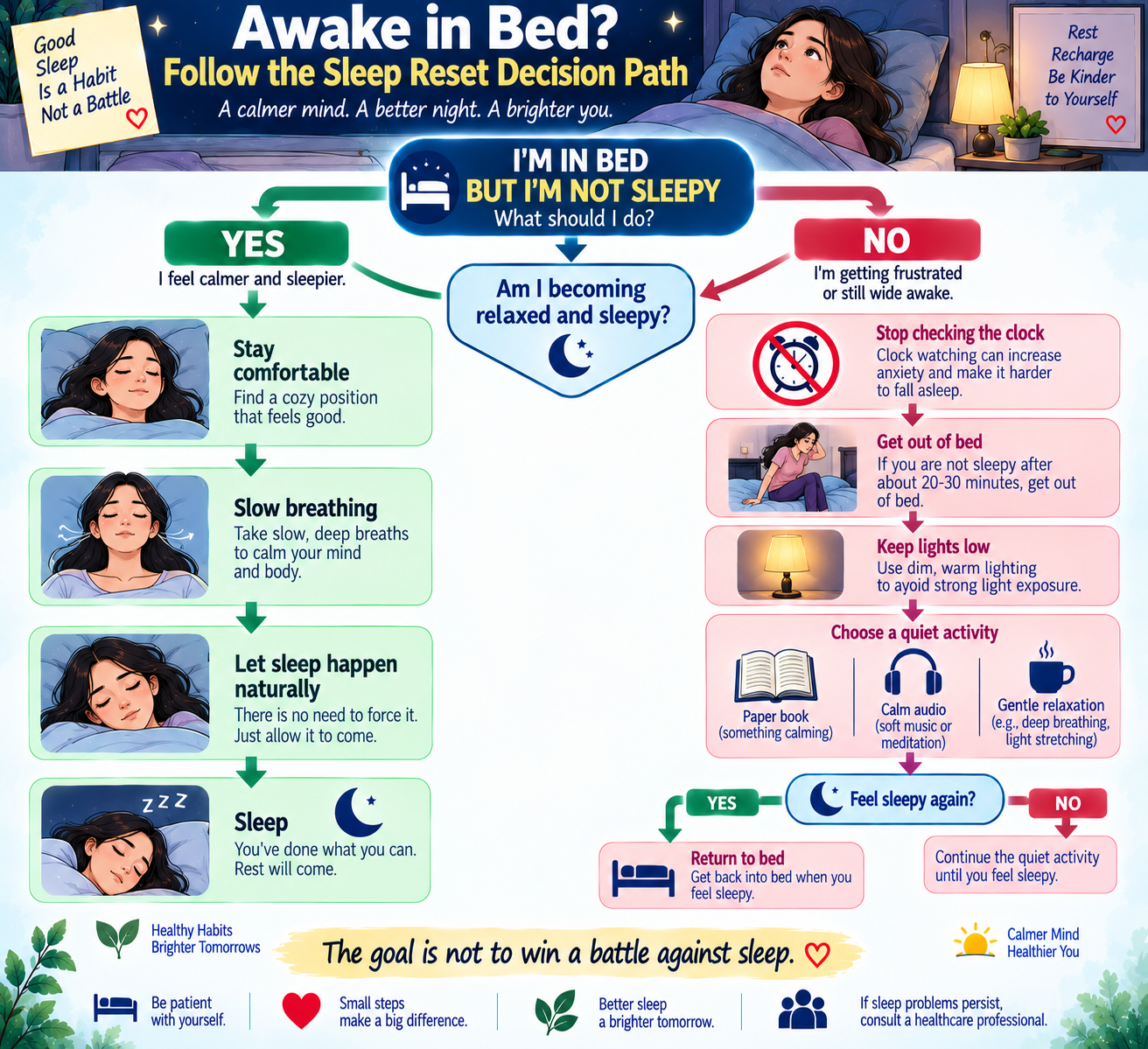 Sleep reset decision path showing what to do when you are awake and frustrated in bed