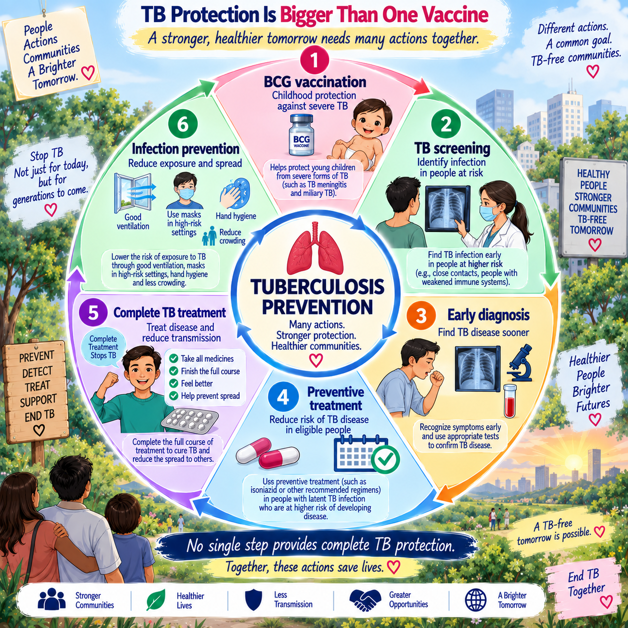 Tuberculosis prevention wheel showing BCG vaccination screening diagnosis preventive treatment and infection prevention