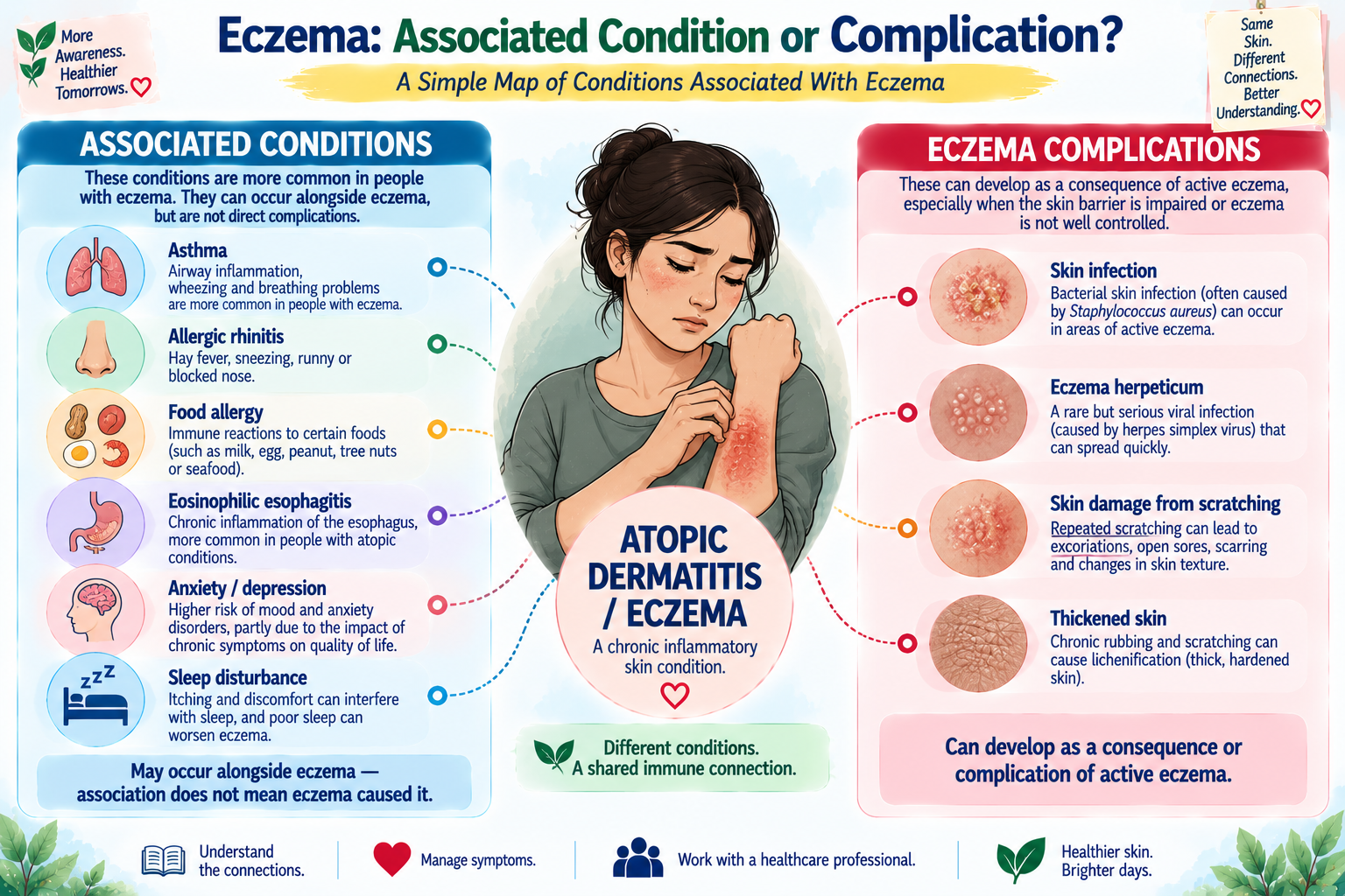 Infographic comparing health conditions associated with eczema with complications of atopic dermatitis