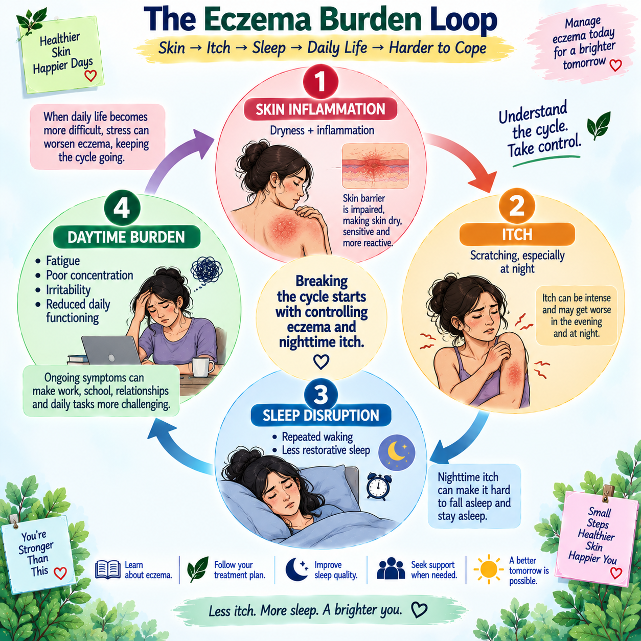 Eczema itch sleep and daily life cycle showing how persistent itching can disrupt sleep and affect daytime functioning