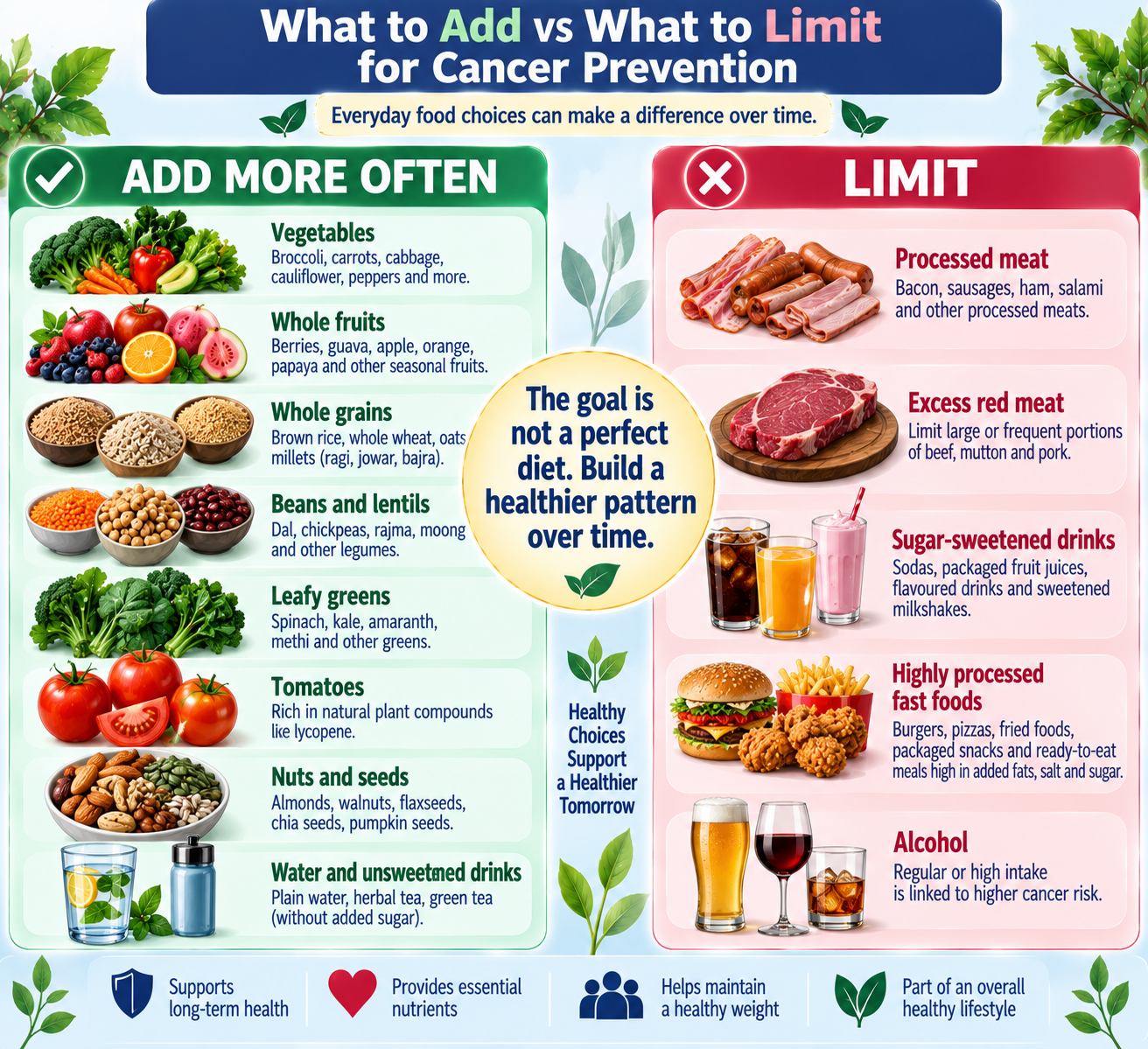 Foods to add and foods to limit as part of a cancer-prevention eating pattern