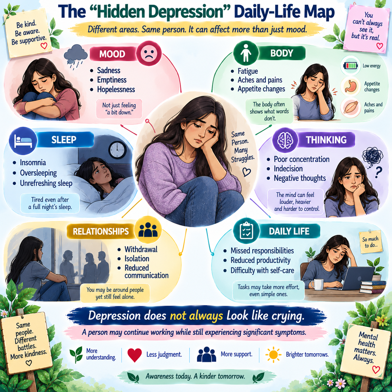 Hidden depression warning signs across emotions sleep energy thinking relationships and daily responsibilities
