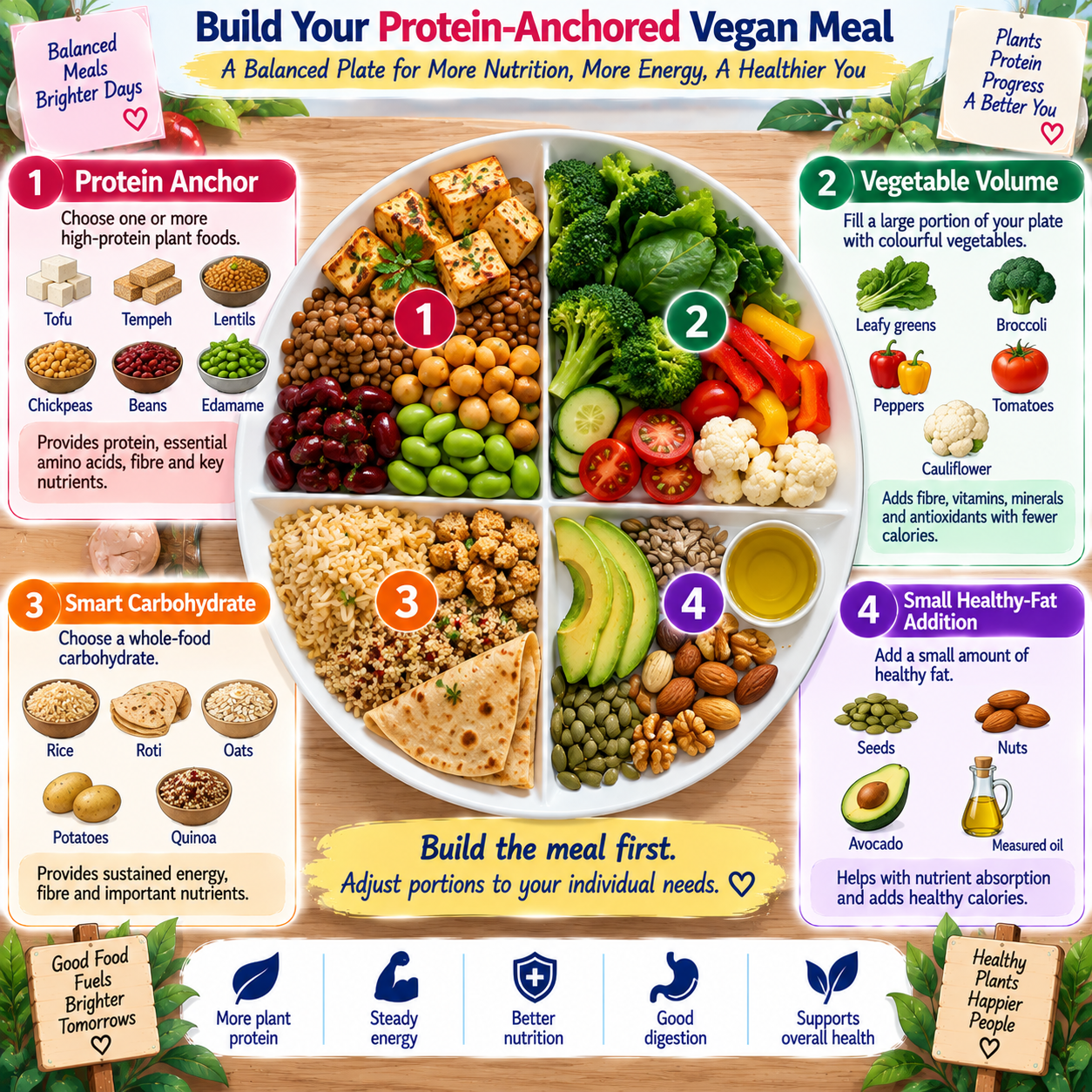 “Four-part high protein vegan meal builder showing protein, vegetables, healthy carbohydrates and healthy fats”