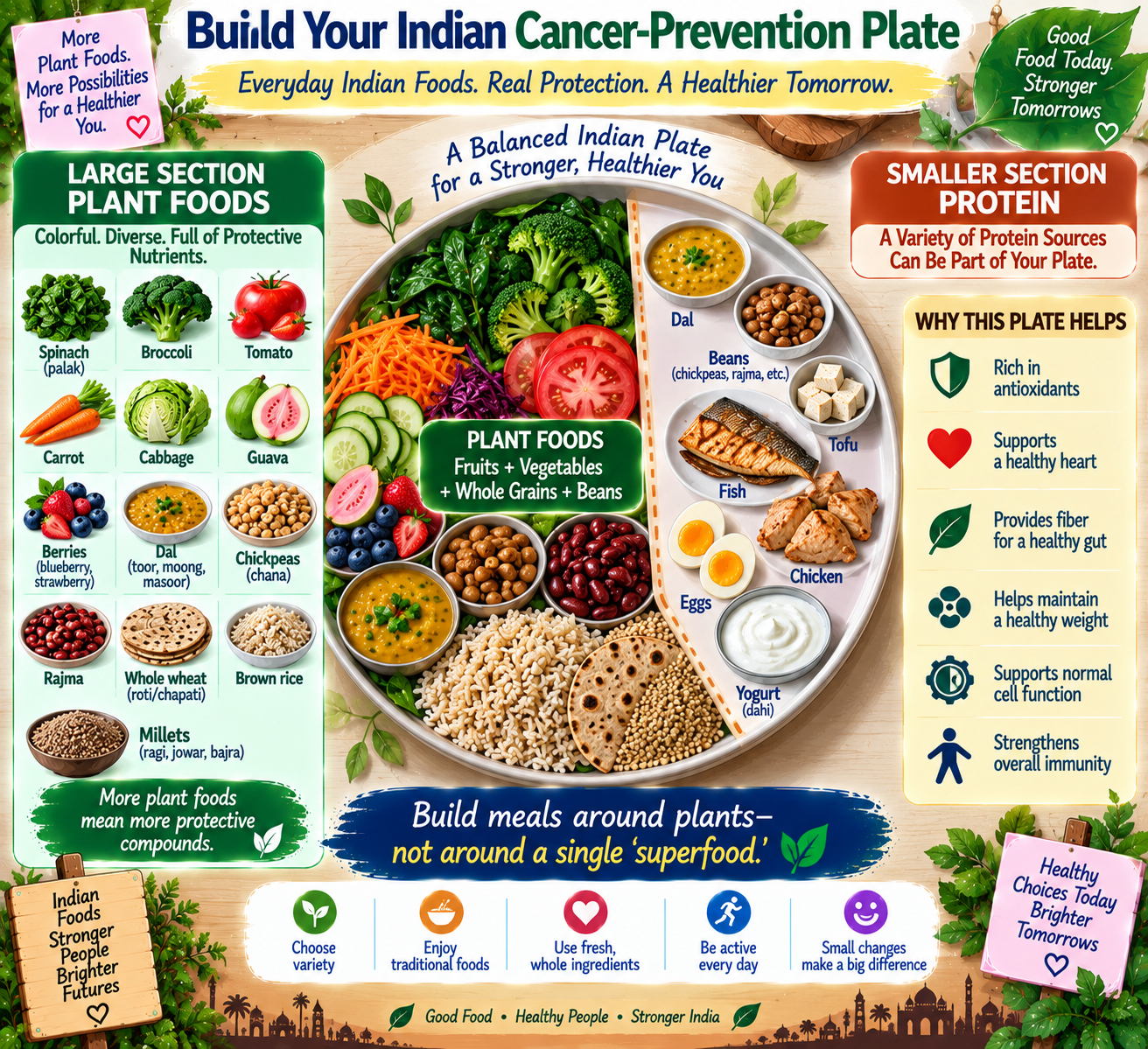 Indian cancer-prevention plate with vegetables, dal, whole grains, fruit and healthy protein