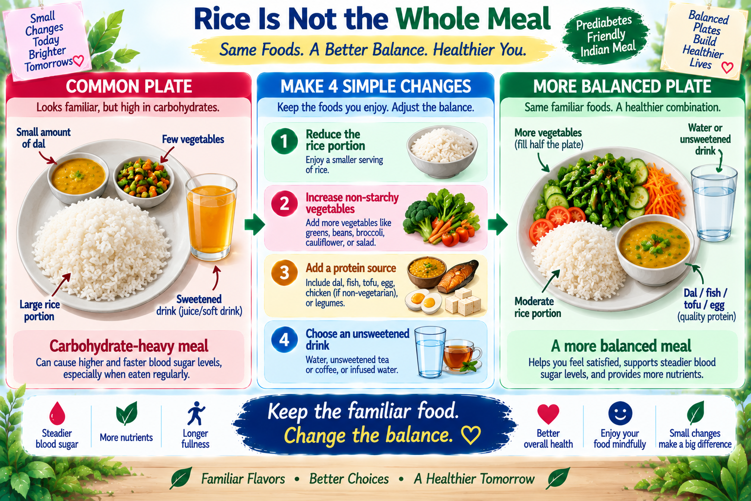 Indian prediabetes meal transformation showing a large rice-centered meal changed into a balanced meal with vegetables protein and moderate rice