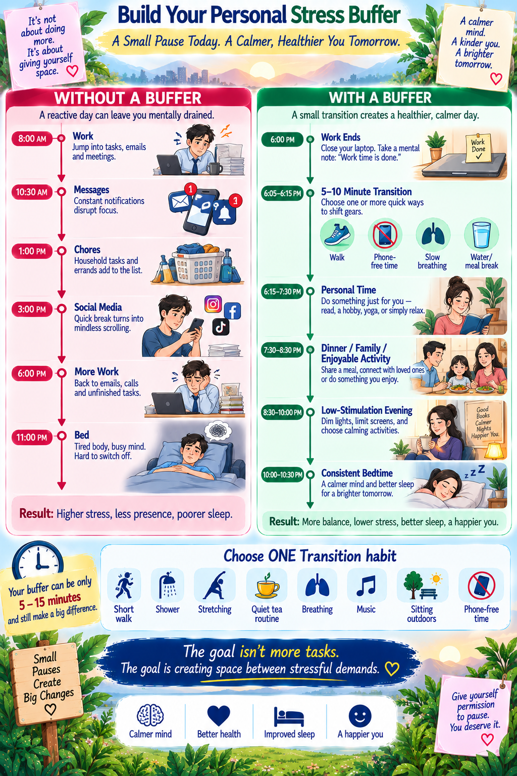 Personal stress buffer infographic showing transitions between work activities movement recovery and sleep