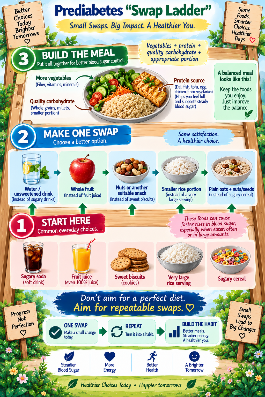 Prediabetes food swap ladder showing practical swaps for sugary drinks refined grains juice snacks and sweetened foods