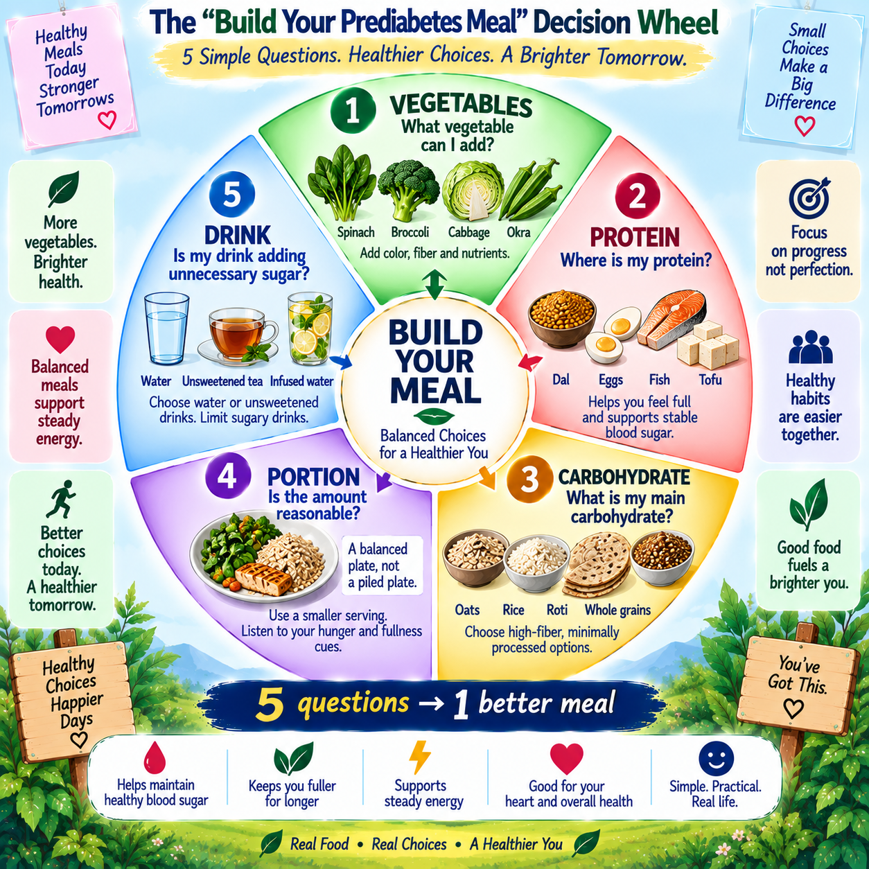 Prediabetes meal building decision wheel showing vegetables protein carbohydrate portion and drink choices