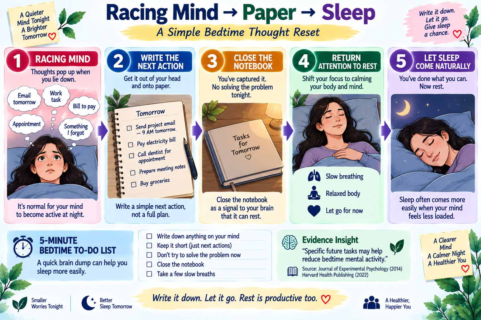 Bedtime thought reset infographic showing how writing tomorrow's tasks can reduce mental clutter before sleep