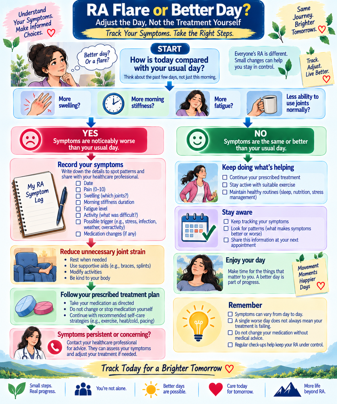Rheumatoid arthritis flare day guide showing how to compare swelling, stiffness, fatigue and function and adjust daily activities safely