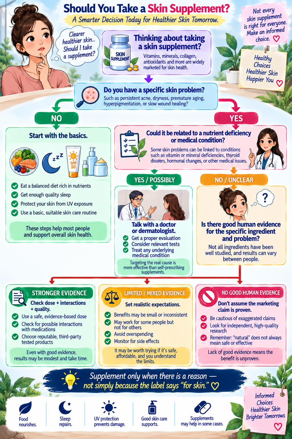 Decision map showing when to consider supplements for skin health based on need, evidence, safety, and medical advice