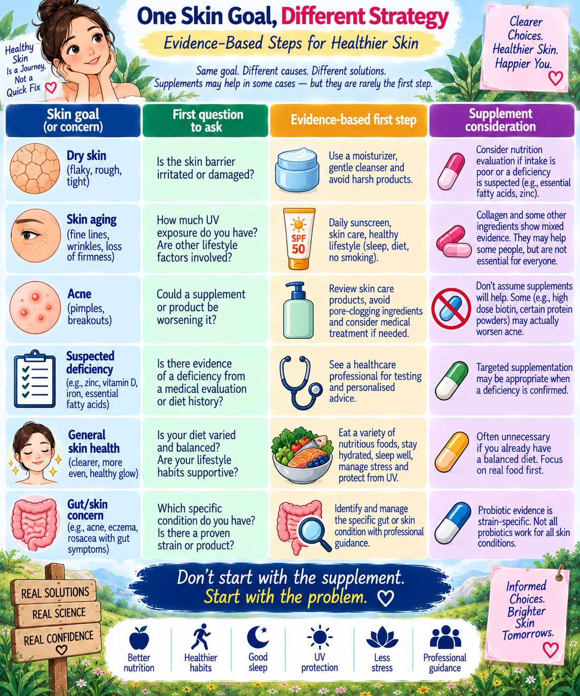 Skin health decision matrix matching common skin goals with practical actions and supplement considerations