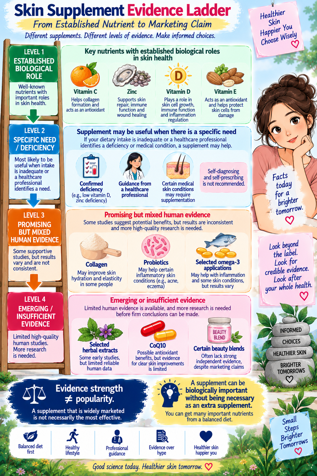 Evidence ladder showing established nutrients, deficiency-based supplementation, promising supplements, and emerging skin supplement research