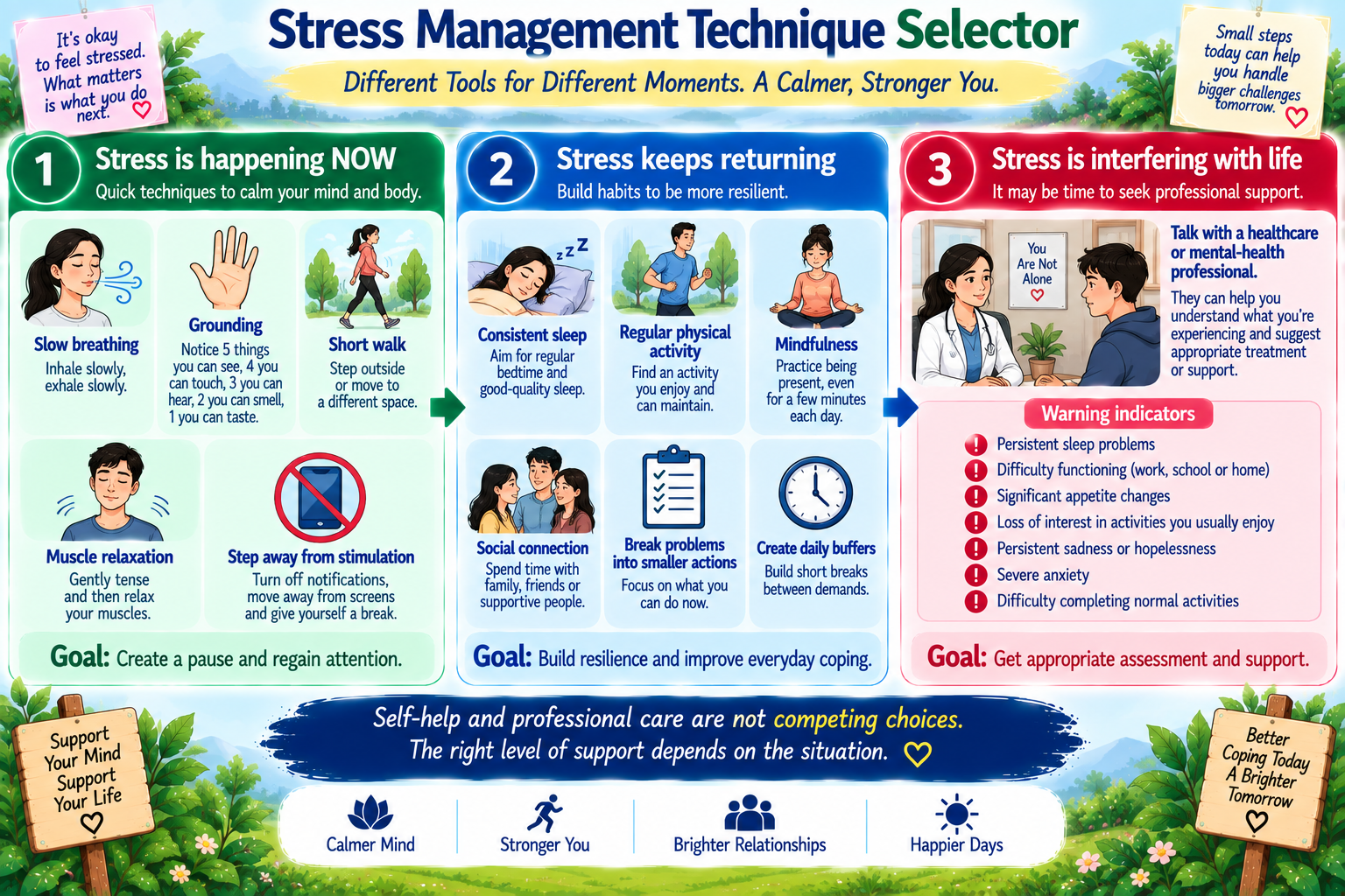 Stress management technique selector comparing immediate coping daily habits and professional mental health support